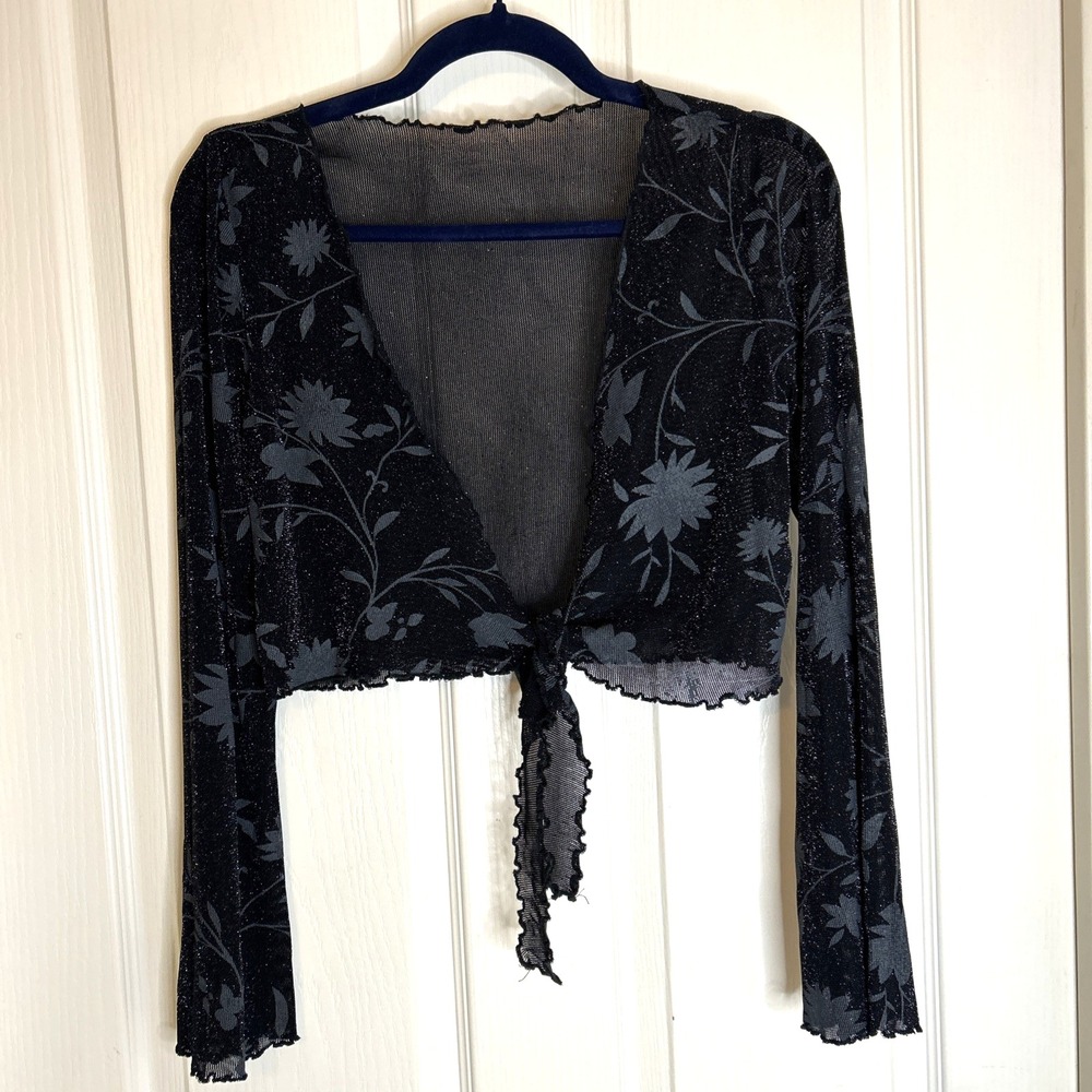 Womens Wrap Tie Top Sheer Ballet Festival Floral Whimsigoth Boho floral sparkly